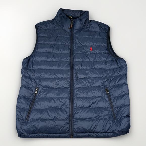 Polo Ralph Lauren Down Puffer Vest Navy Blue Red Pony Men's Size XL EUC - Picture 1 of 9